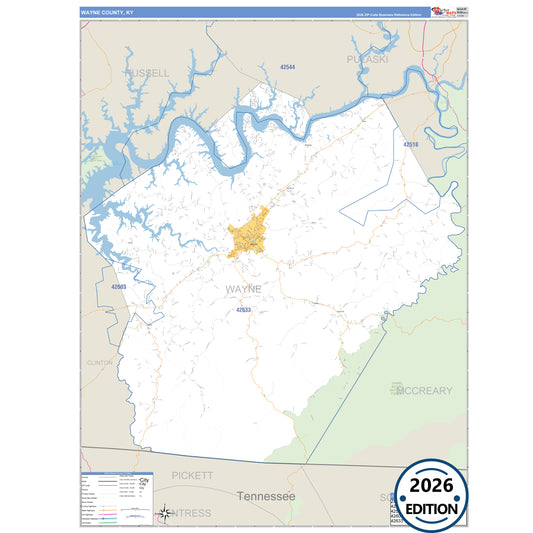 Wayne County, KY Business Reference 5 Digit ZIP Code Wall Map