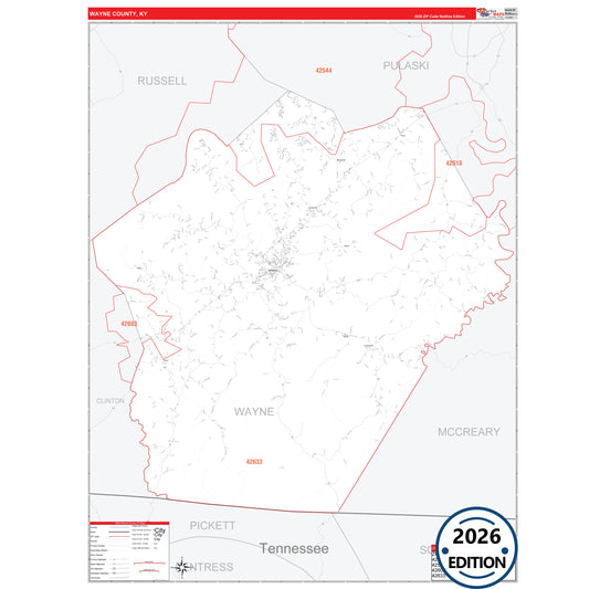 Wayne County, KY Red Line 5 Digit ZIP Code Wall Map