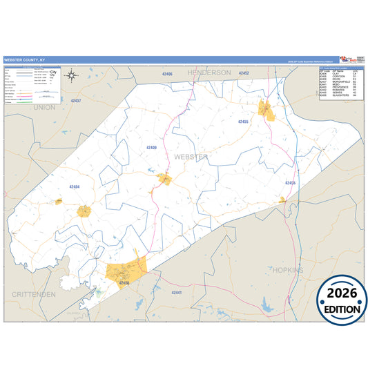 Webster County, KY Business Reference 5 Digit ZIP Code Wall Map