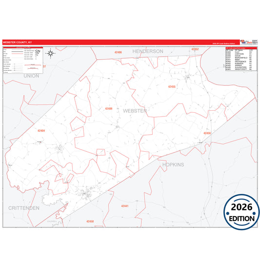 Webster County, KY Red Line 5 Digit ZIP Code Wall Map