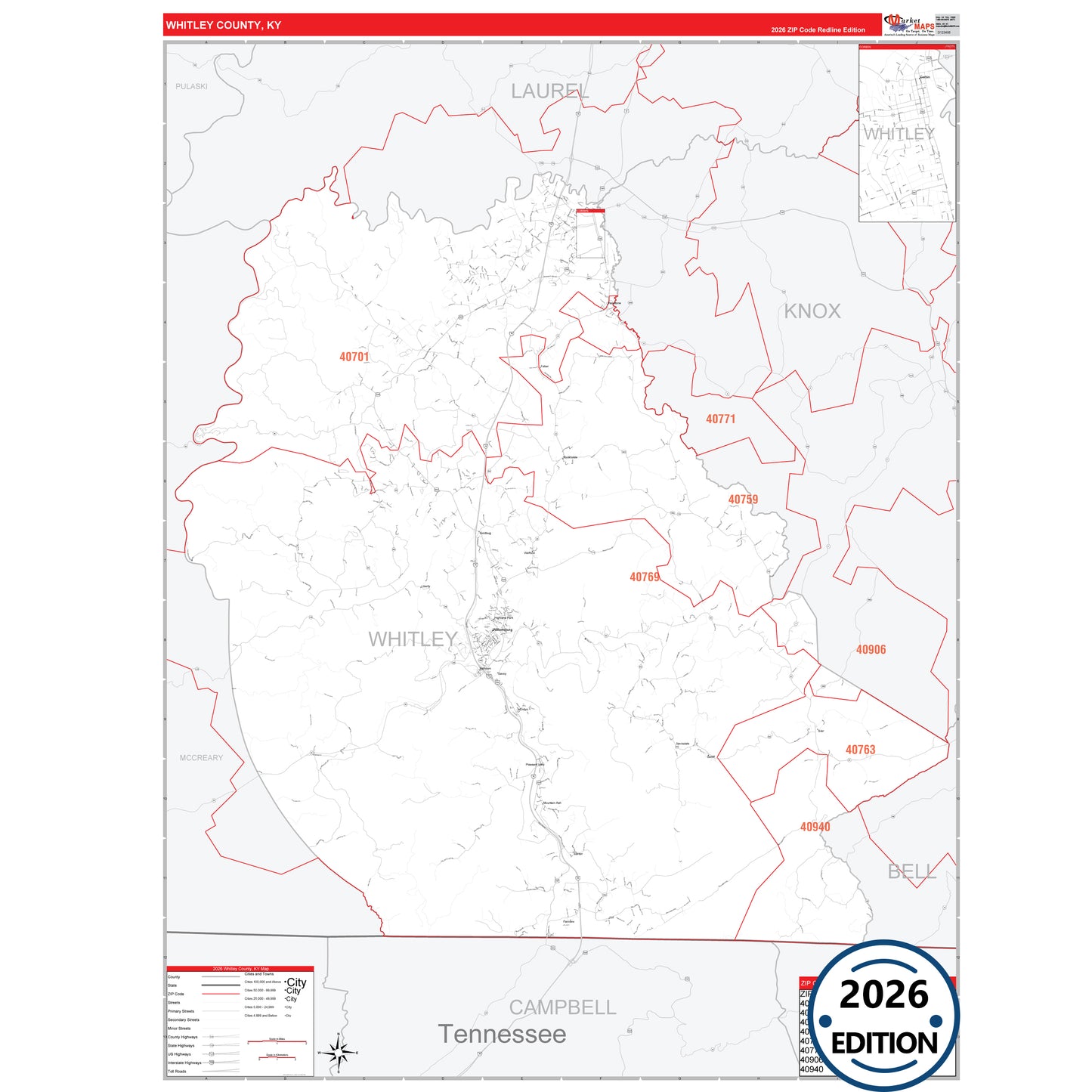 Whitley County, KY Red Line 5 Digit ZIP Code Wall Map