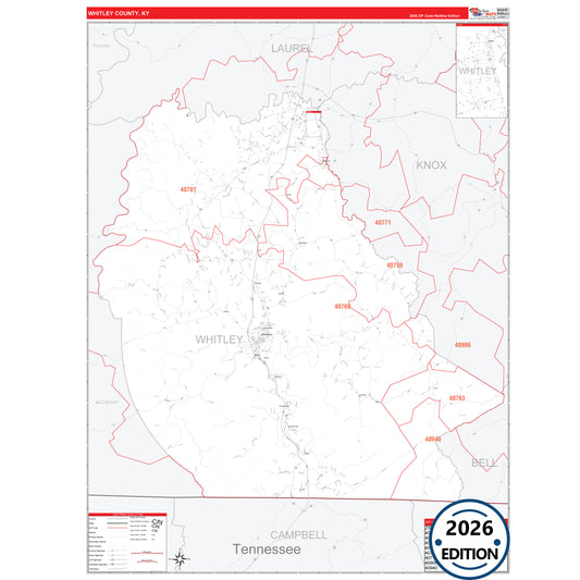 Whitley County, KY Red Line 5 Digit ZIP Code Wall Map