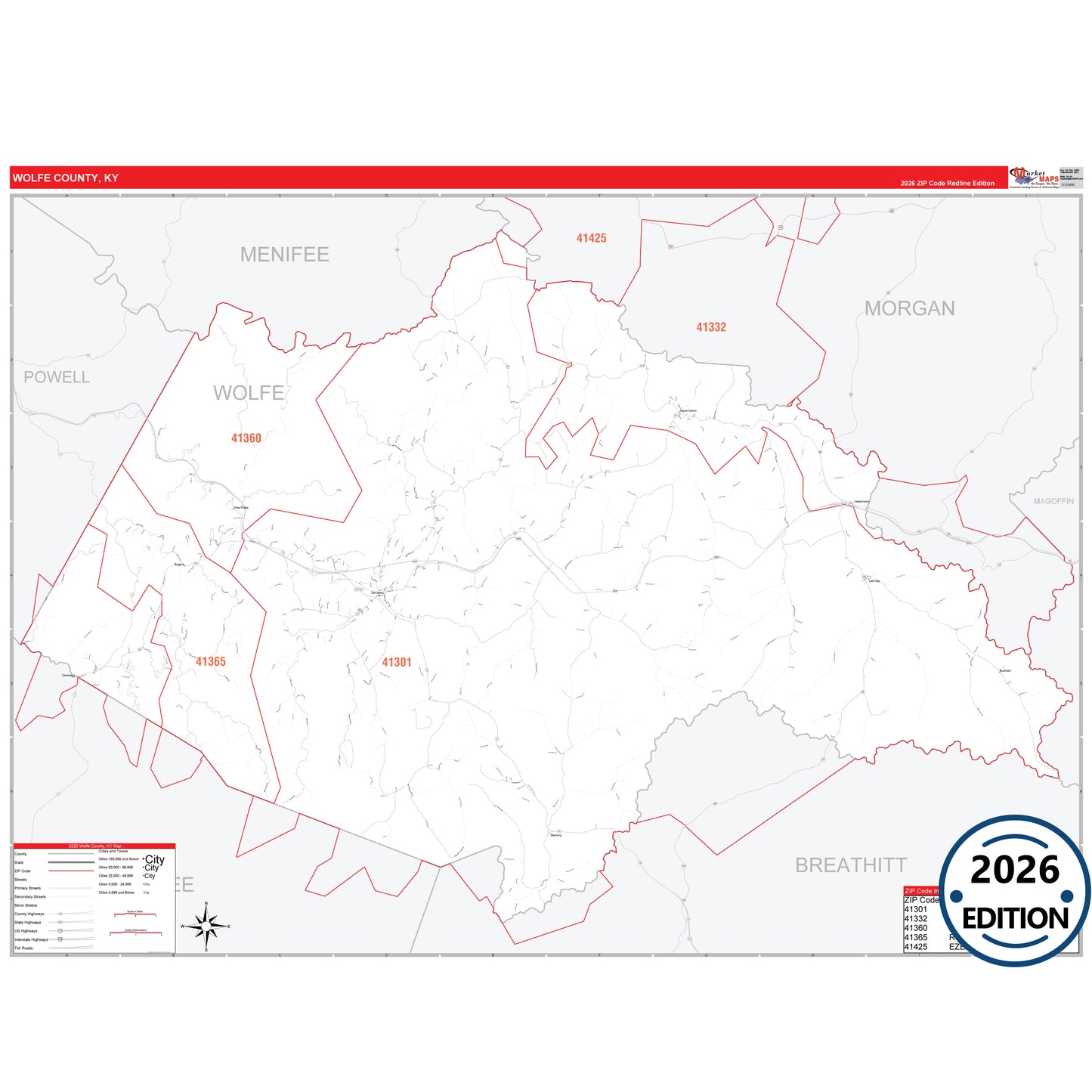 Wolfe County, KY Red Line 5 Digit ZIP Code Wall Map