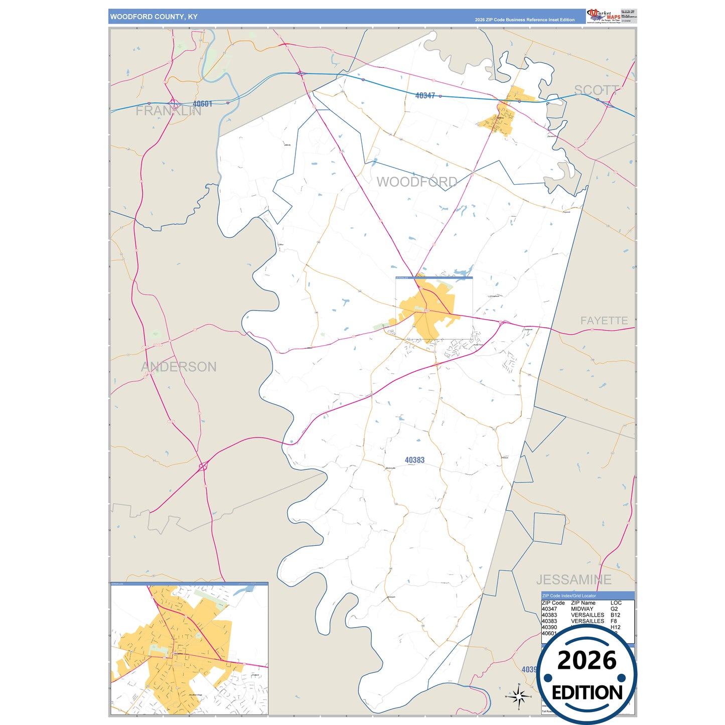 Woodford County, KY Business Reference 5 Digit ZIP Code Wall Map