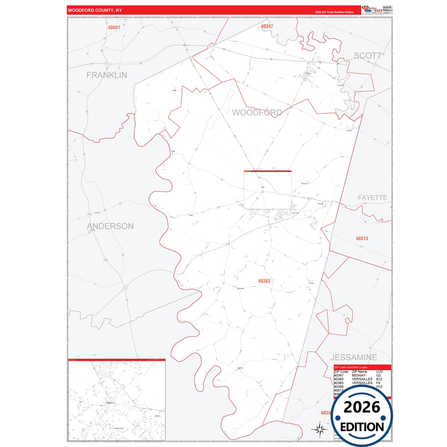 Woodford County, KY Red Line 5 Digit ZIP Code Wall Map