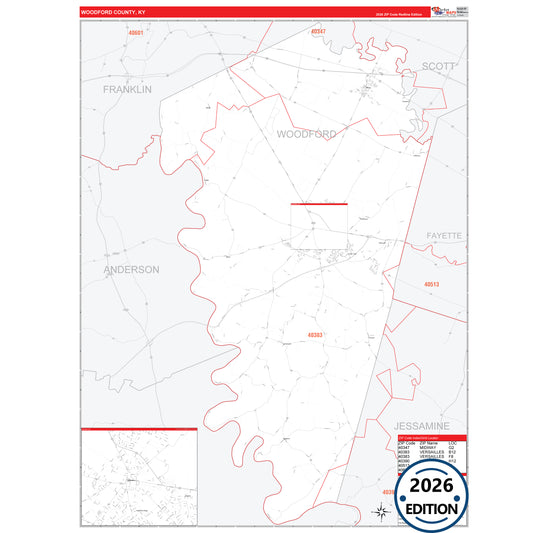 Woodford County, KY Red Line 5 Digit ZIP Code Wall Map