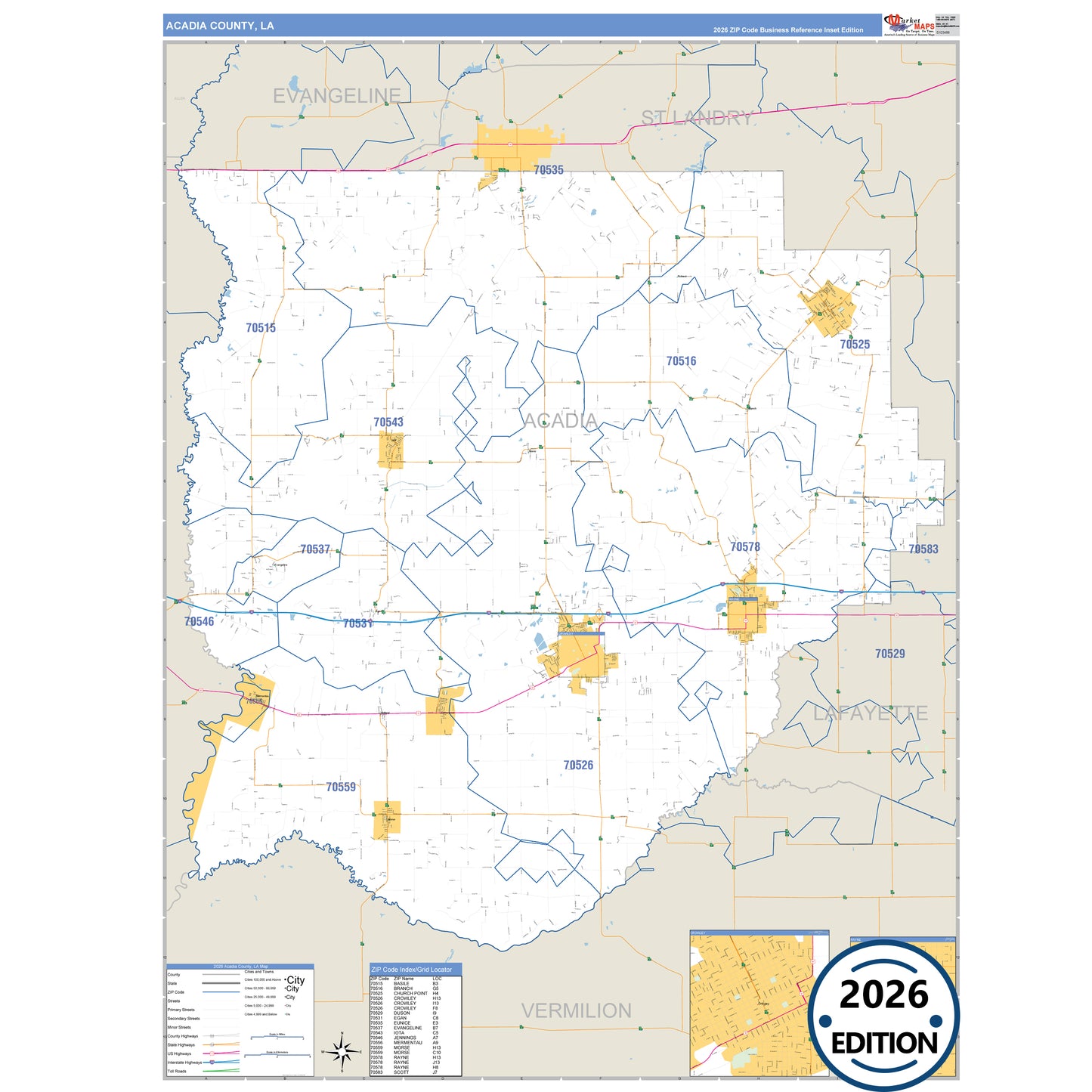 Acadia County, LA Business Reference 5 Digit ZIP Code Wall Map