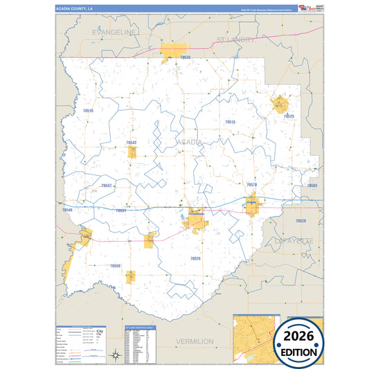 Acadia County, LA Business Reference 5 Digit ZIP Code Wall Map