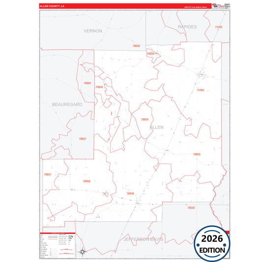 Allen County, LA Red Line 5 Digit ZIP Code Wall Map