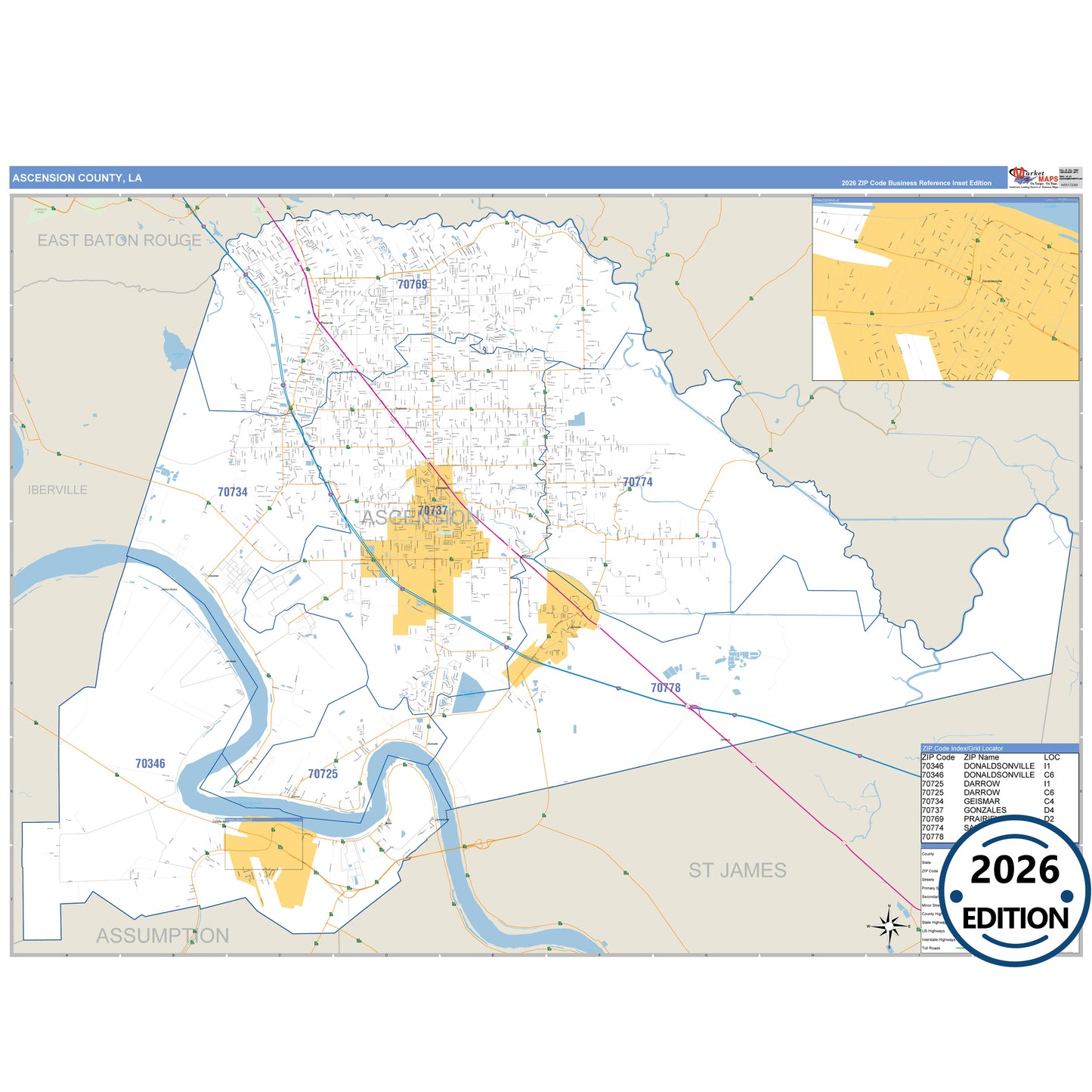 Ascension County, LA Business Reference 5 Digit ZIP Code Wall Map
