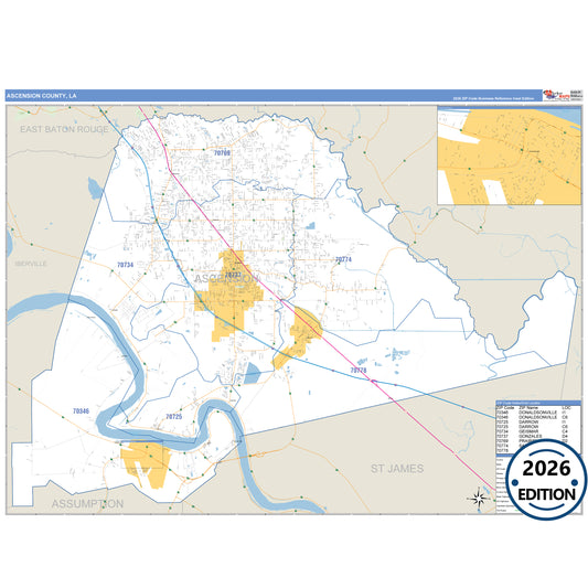 Ascension County, LA Business Reference 5 Digit ZIP Code Wall Map