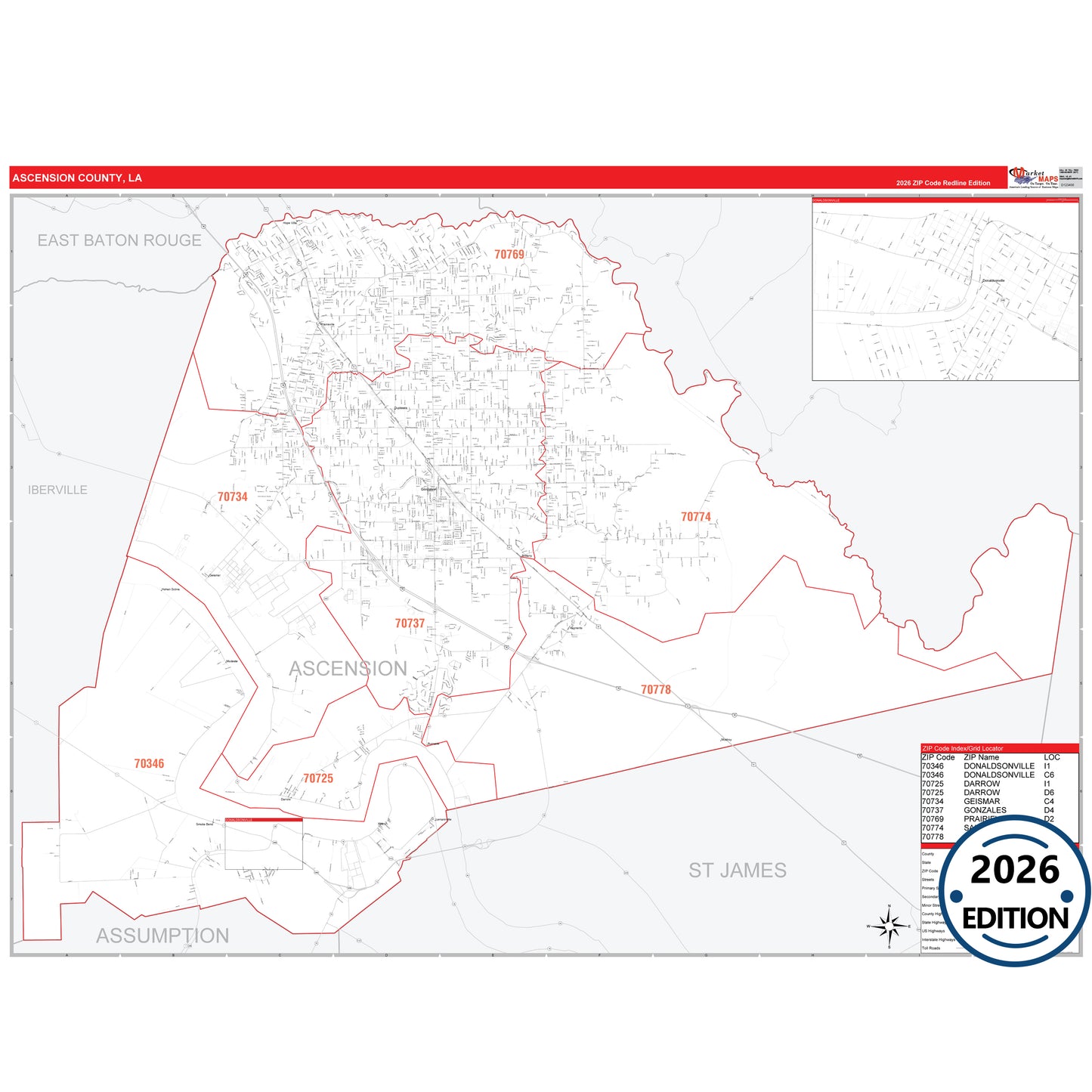 Ascension County, LA Red Line 5 Digit ZIP Code Wall Map
