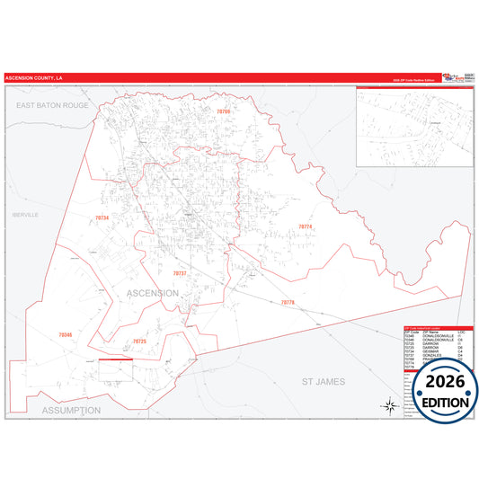 Ascension County, LA Red Line 5 Digit ZIP Code Wall Map