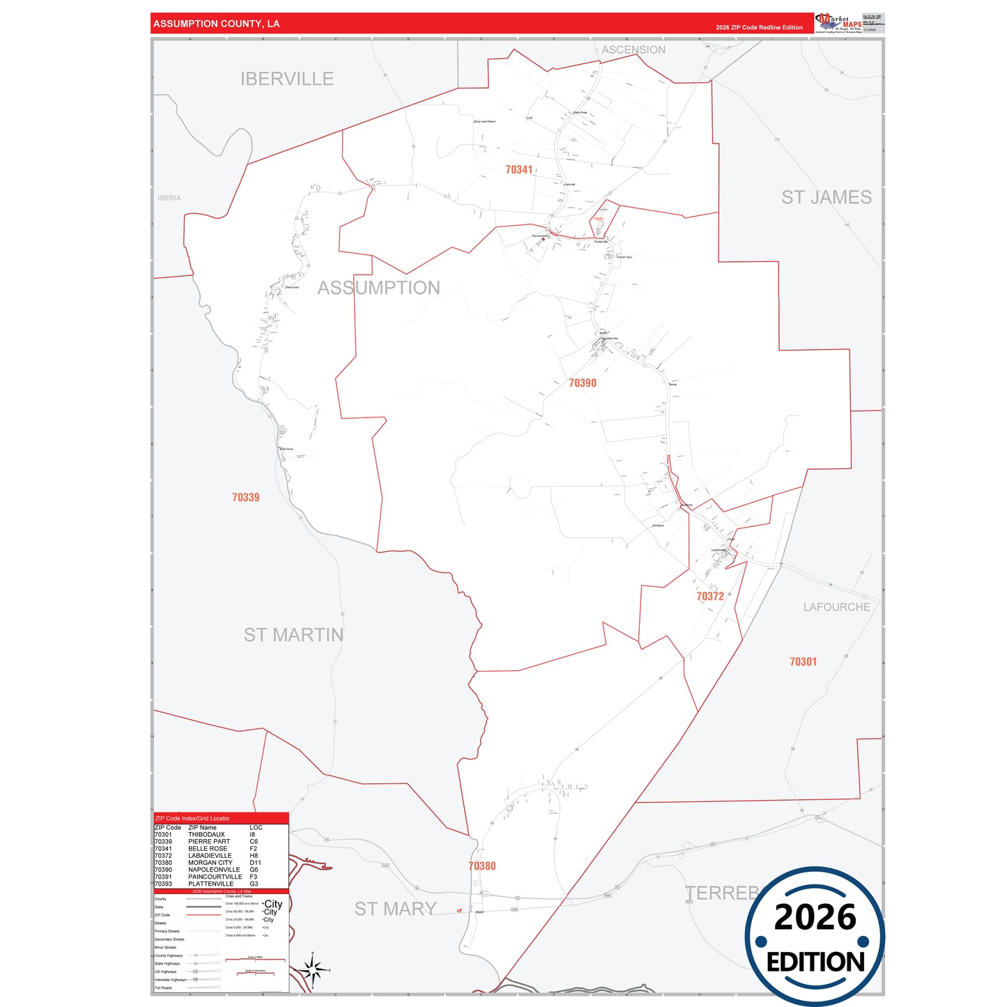 Assumption County, LA Red Line 5 Digit ZIP Code Wall Map