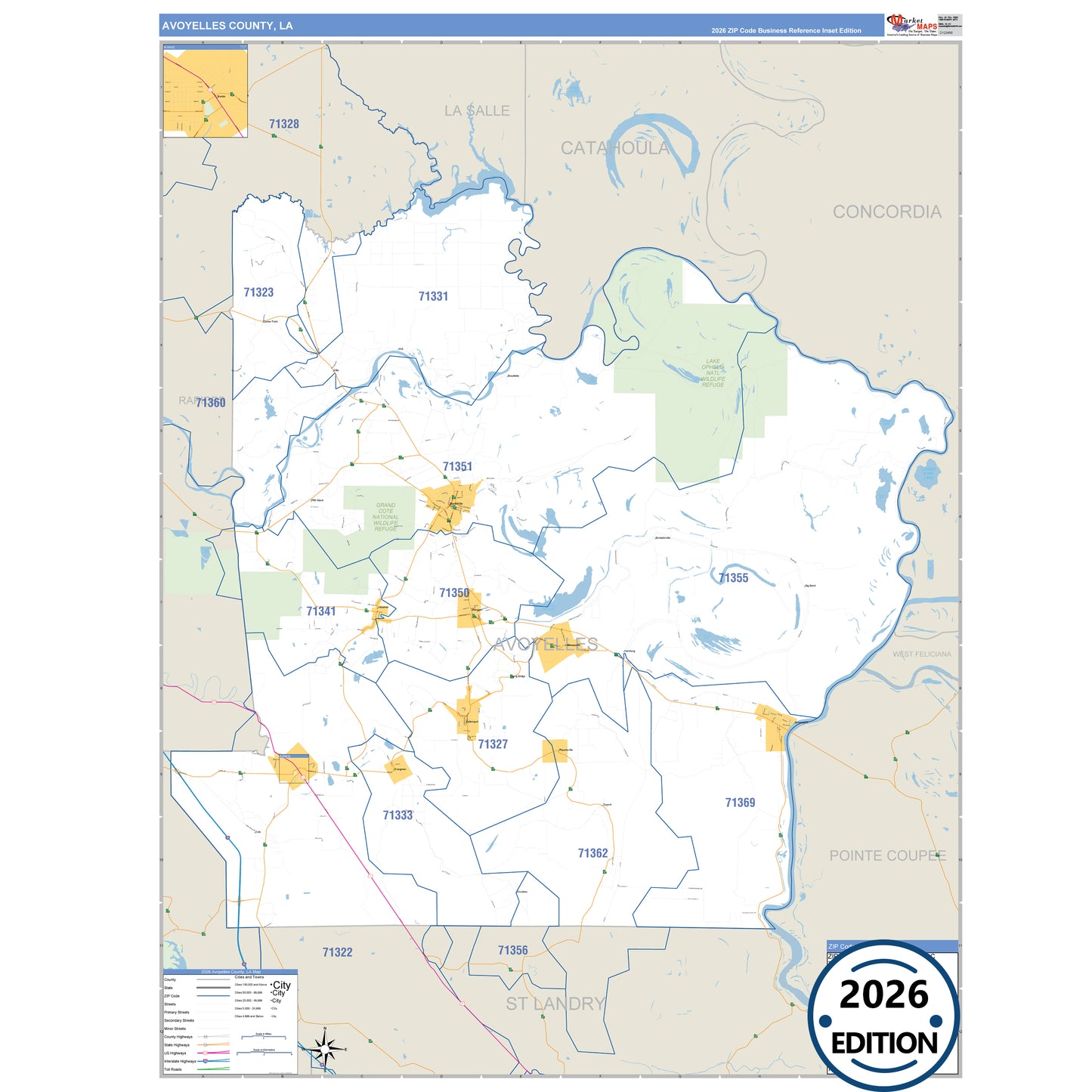 Avoyelles County, LA Business Reference 5 Digit ZIP Code Wall Map