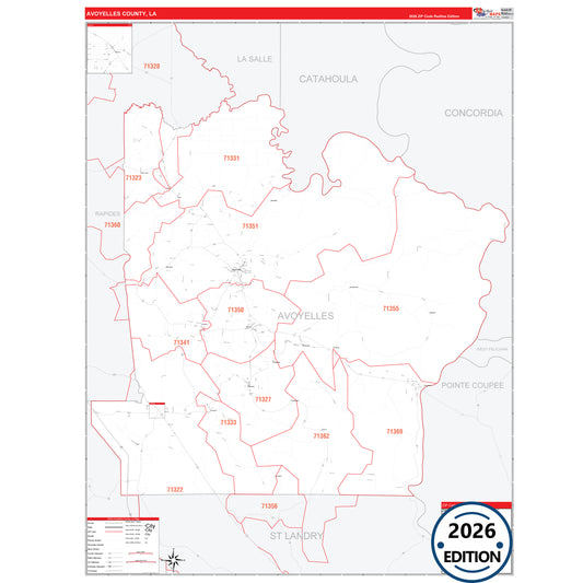 Avoyelles County, LA Red Line 5 Digit ZIP Code Wall Map