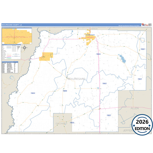 Beauregard County, LA Business Reference 5 Digit ZIP Code Wall Map