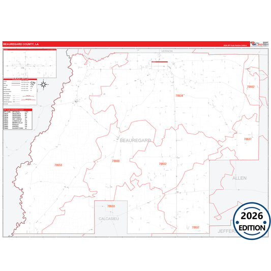 Beauregard County, LA Red Line 5 Digit ZIP Code Wall Map