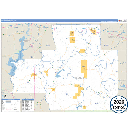 Bienville County, LA Business Reference 5 Digit ZIP Code Wall Map