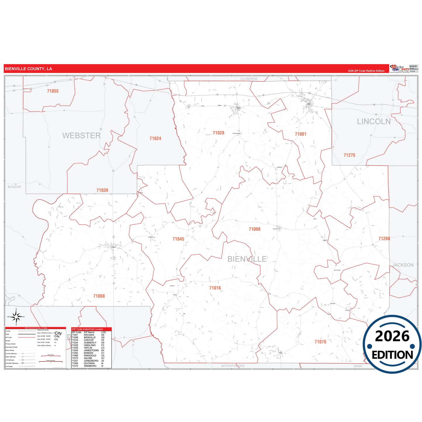 Bienville County, LA Red Line 5 Digit ZIP Code Wall Map