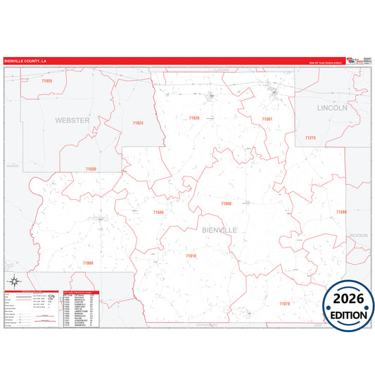 Bienville County, LA Red Line 5 Digit ZIP Code Wall Map