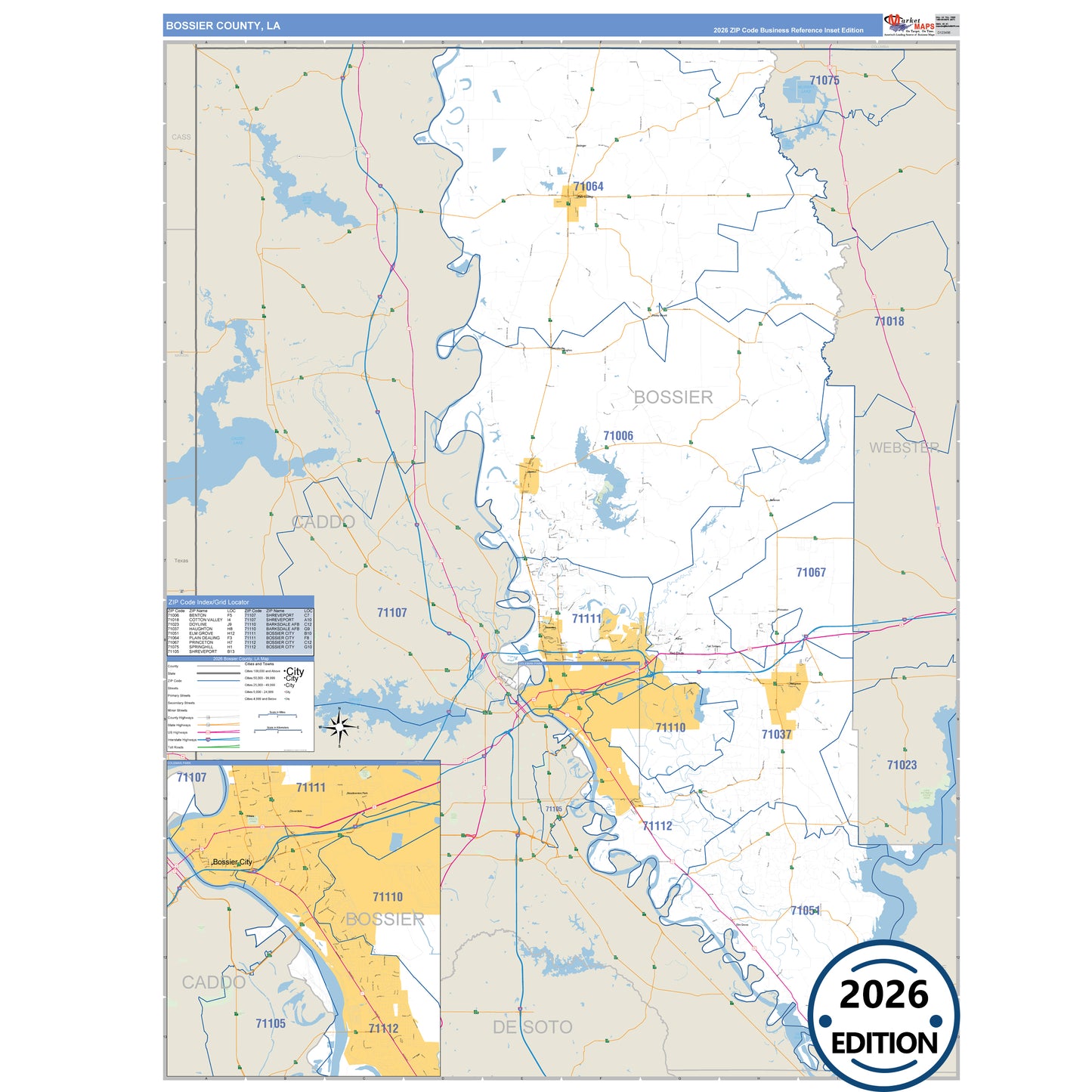 Bossier County, LA Business Reference 5 Digit ZIP Code Wall Map