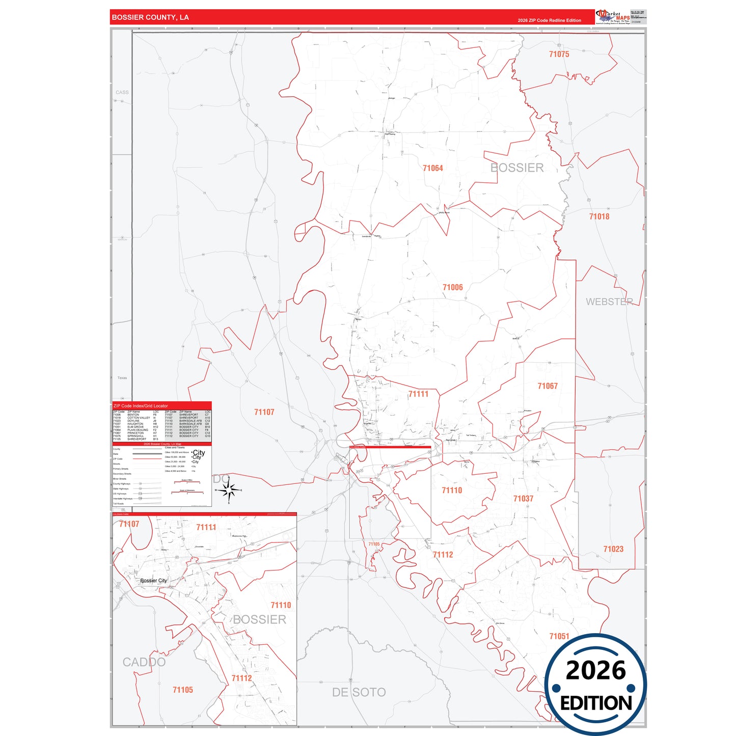 Bossier County, LA Red Line 5 Digit ZIP Code Wall Map