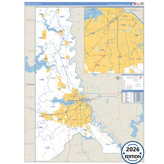 Caddo County, LA Business Reference 5 Digit ZIP Code Wall Map