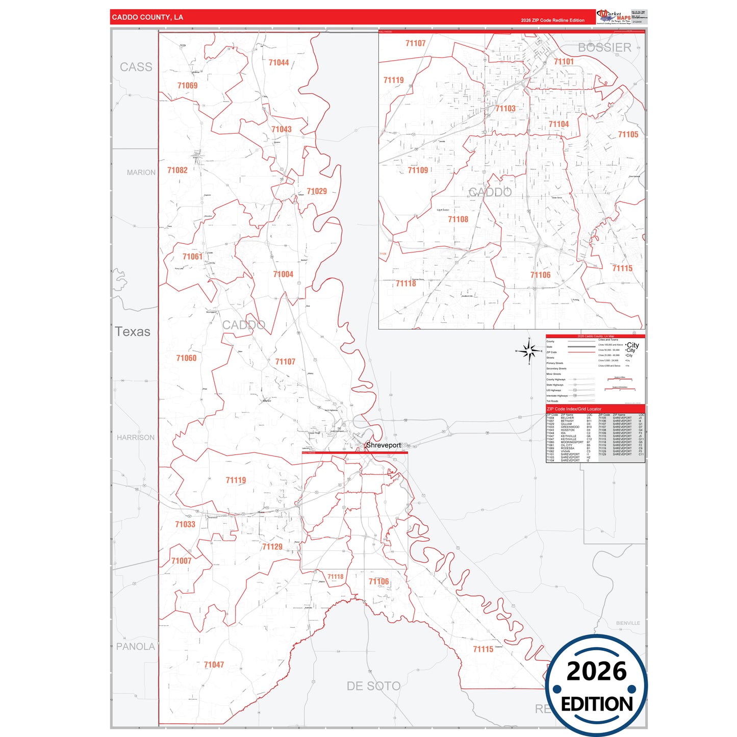 Caddo County, LA Red Line 5 Digit ZIP Code Wall Map