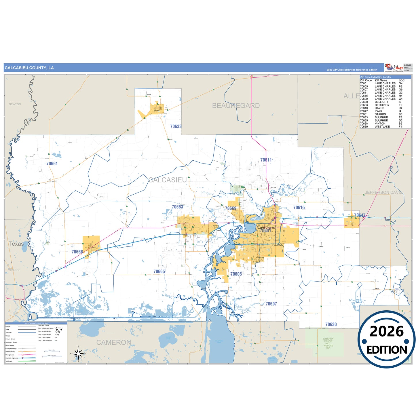 Calcasieu County, LA Business Reference 5 Digit ZIP Code Wall Map