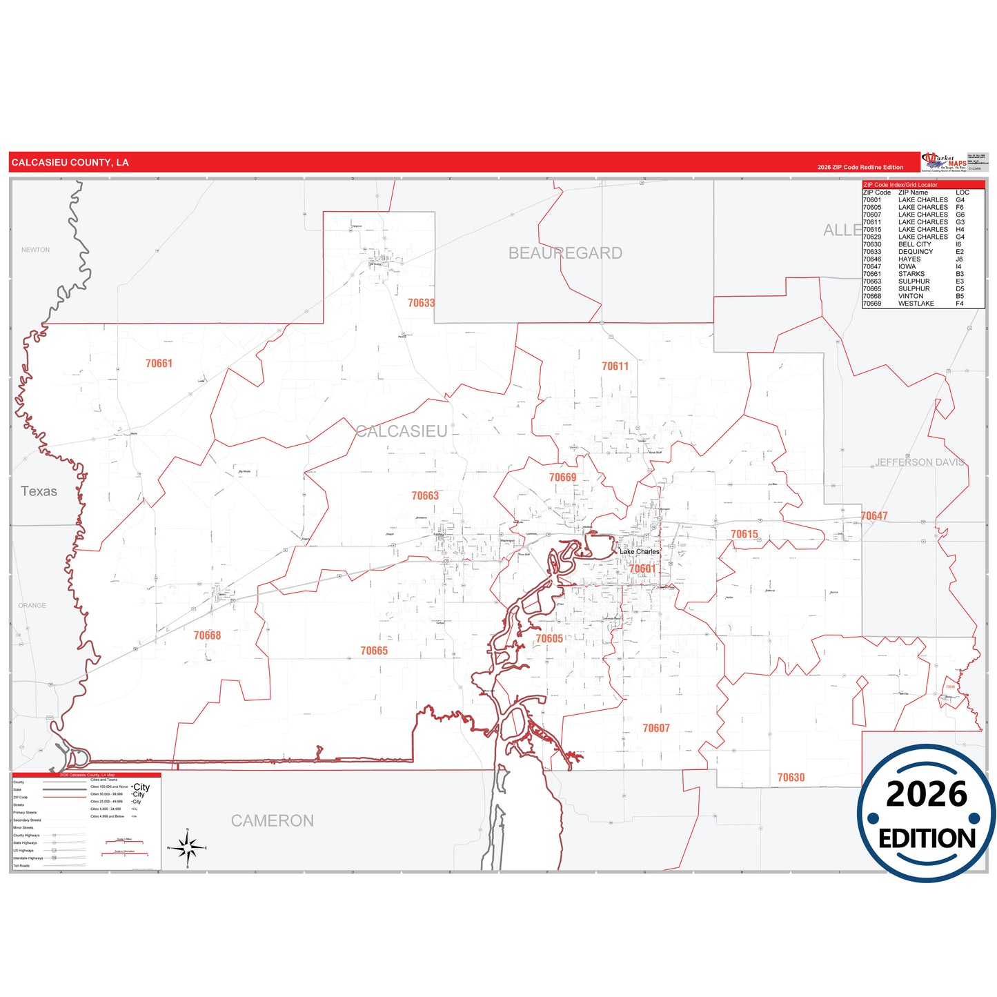 Calcasieu County, LA Red Line 5 Digit ZIP Code Wall Map
