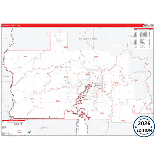 Calcasieu County, LA Red Line 5 Digit ZIP Code Wall Map