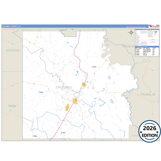Caldwell County, LA Business Reference 5 Digit ZIP Code Wall Map