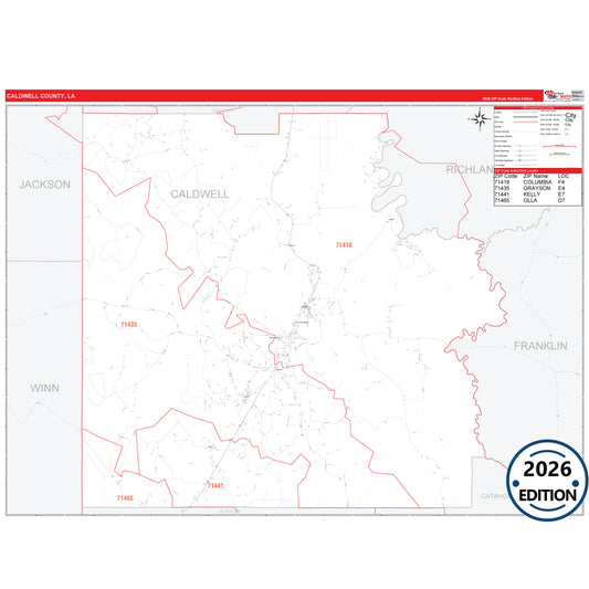 Caldwell County, LA Red Line 5 Digit ZIP Code Wall Map