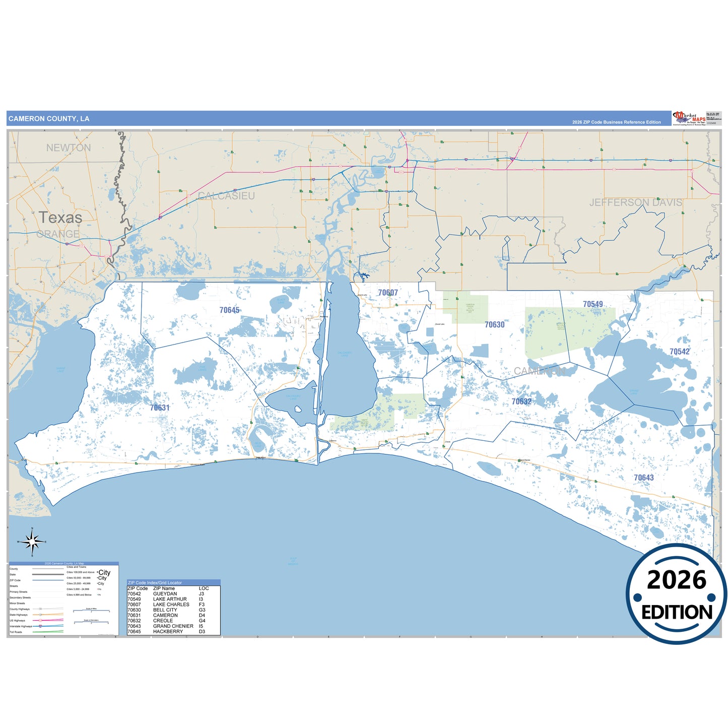Cameron County, LA Business Reference 5 Digit ZIP Code Wall Map