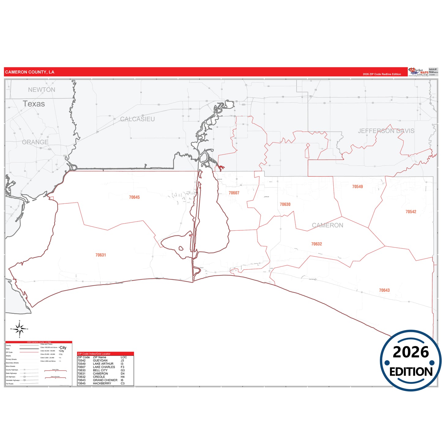 Cameron County, LA Red Line 5 Digit ZIP Code Wall Map