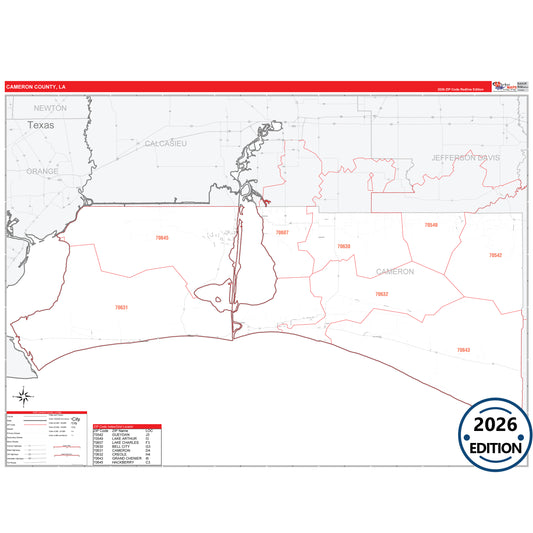 Cameron County, LA Red Line 5 Digit ZIP Code Wall Map