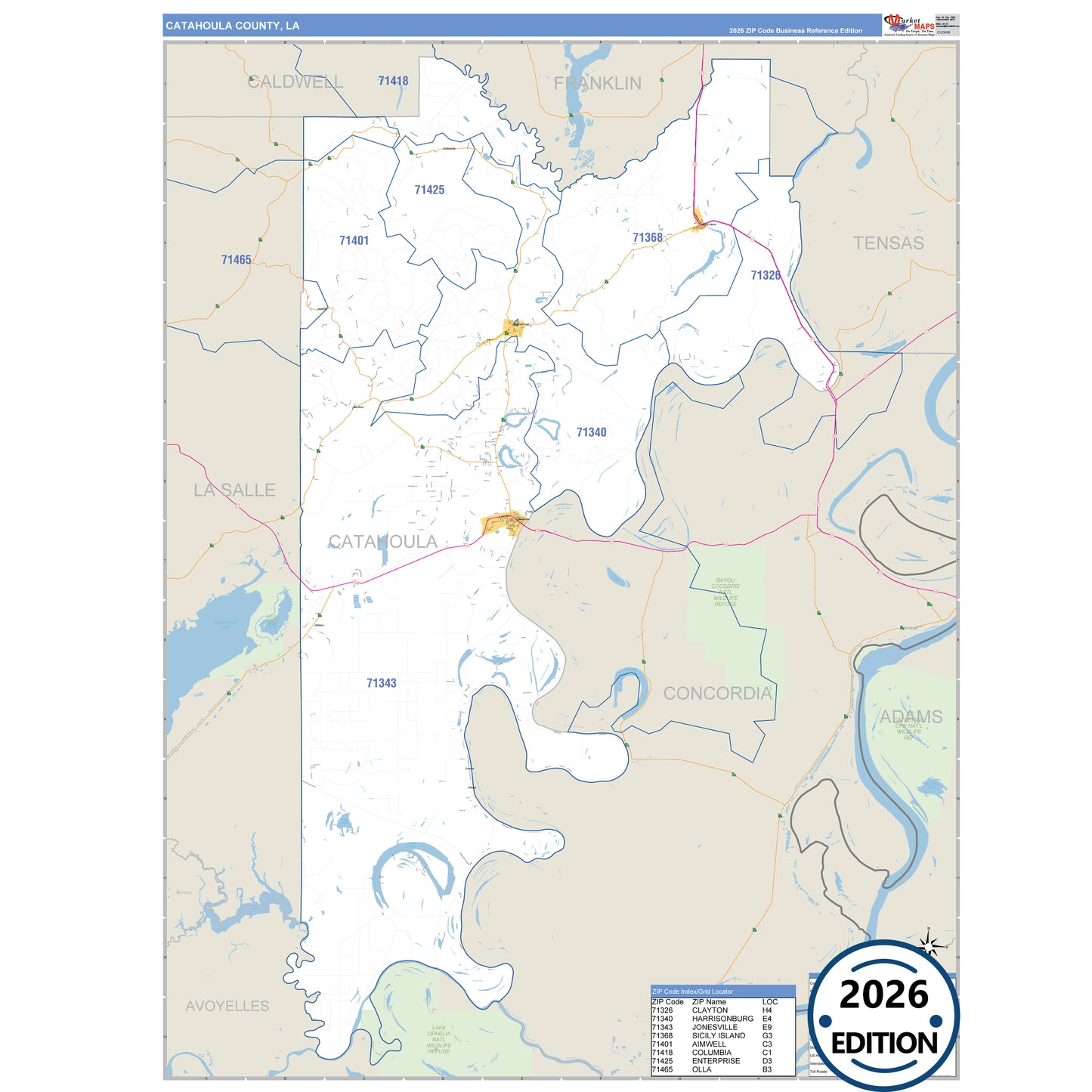 Catahoula County, LA Business Reference 5 Digit ZIP Code Wall Map