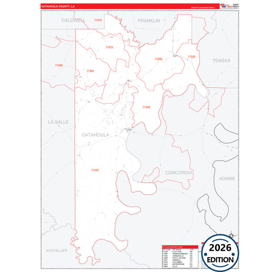 Catahoula County, LA Red Line 5 Digit ZIP Code Wall Map