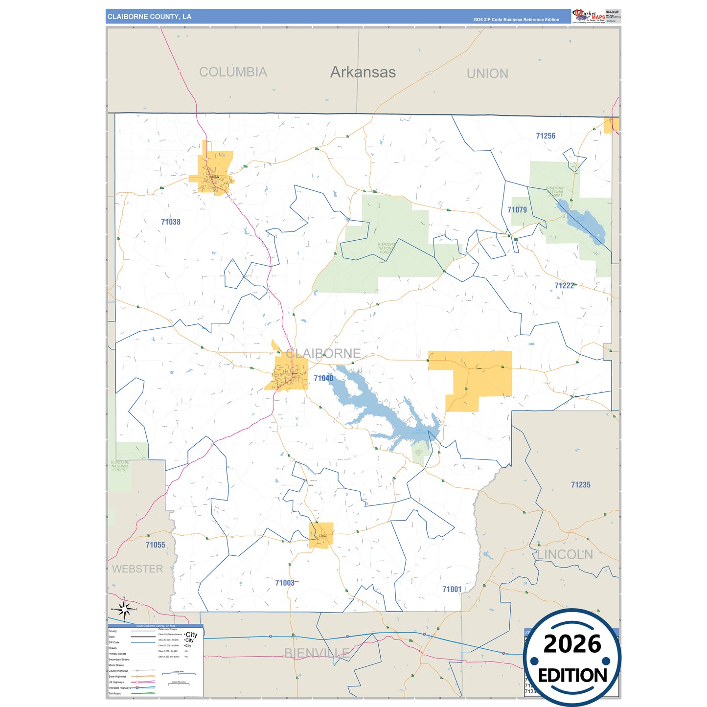 Claiborne County, LA Business Reference 5 Digit ZIP Code Wall Map
