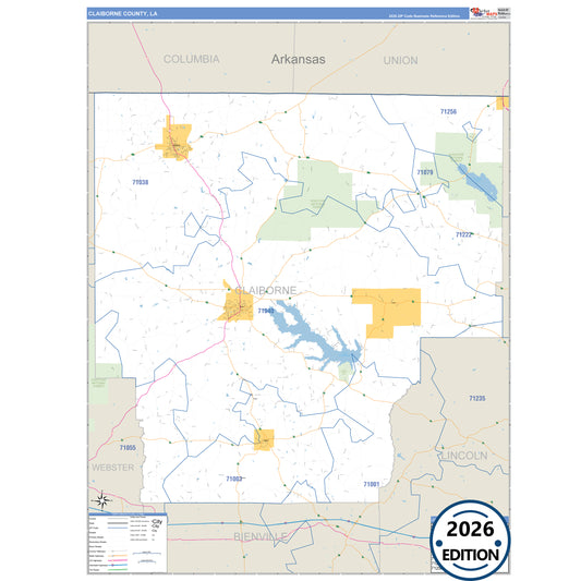 Claiborne County, LA Business Reference 5 Digit ZIP Code Wall Map
