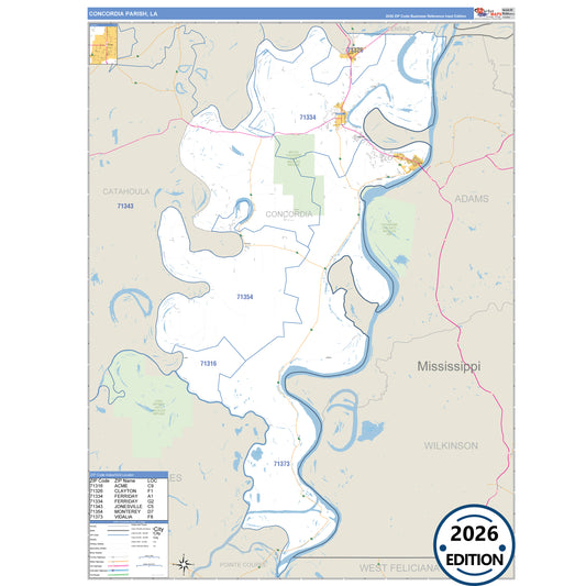 Concordia County, LA Business Reference 5 Digit ZIP Code Wall Map