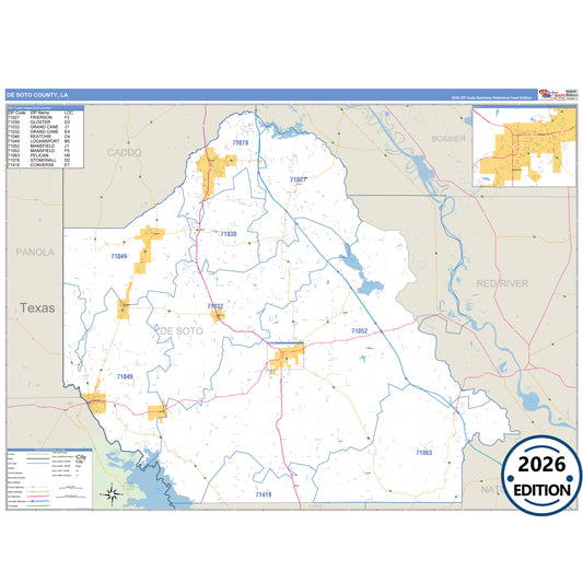 DeSoto County, LA Business Reference 5 Digit ZIP Code Wall Map