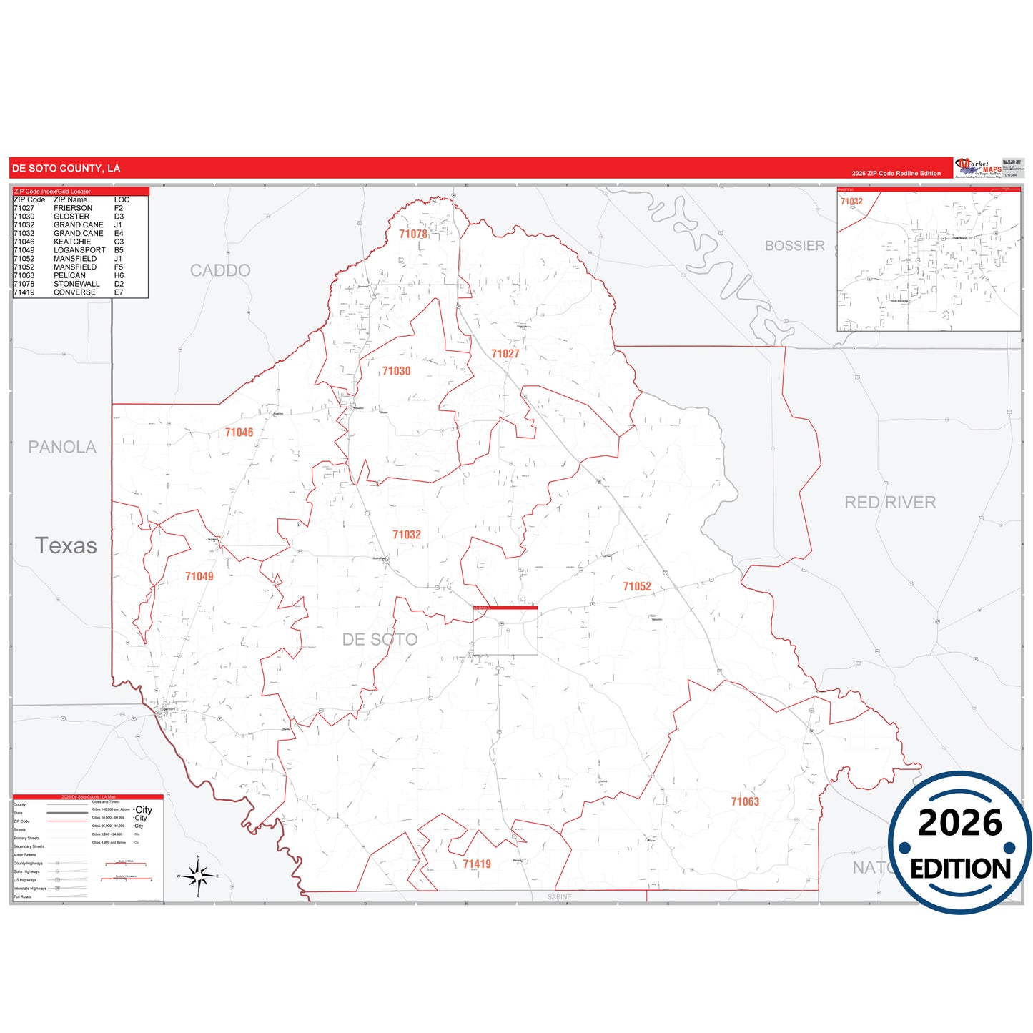 DeSoto County, LA Red Line 5 Digit ZIP Code Wall Map
