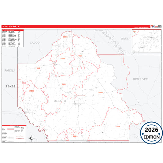 DeSoto County, LA Red Line 5 Digit ZIP Code Wall Map