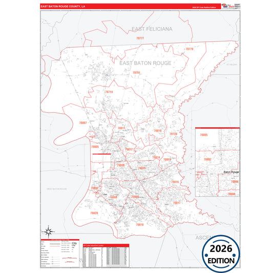East Baton Rouge County, LA Red Line 5 Digit ZIP Code Wall Map