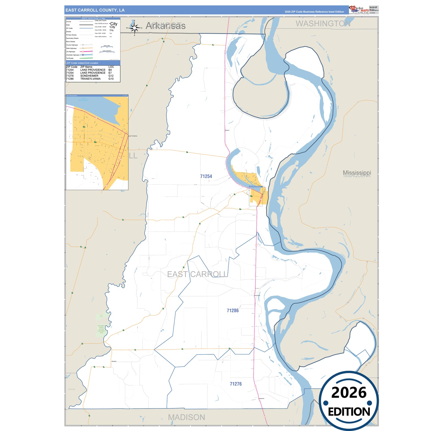 East Carroll County, LA Business Reference 5 Digit ZIP Code Wall Map