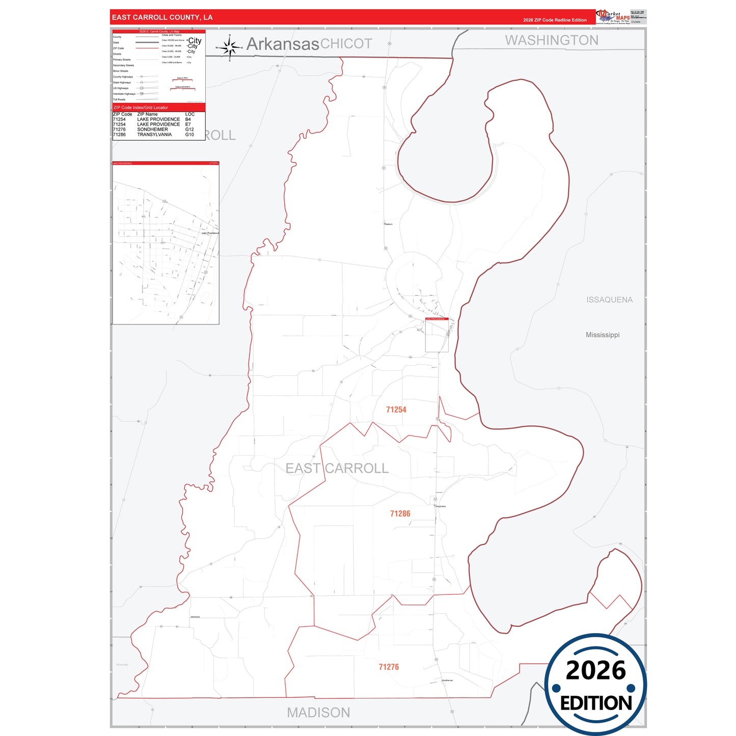 East Carroll County, LA Red Line 5 Digit ZIP Code Wall Map