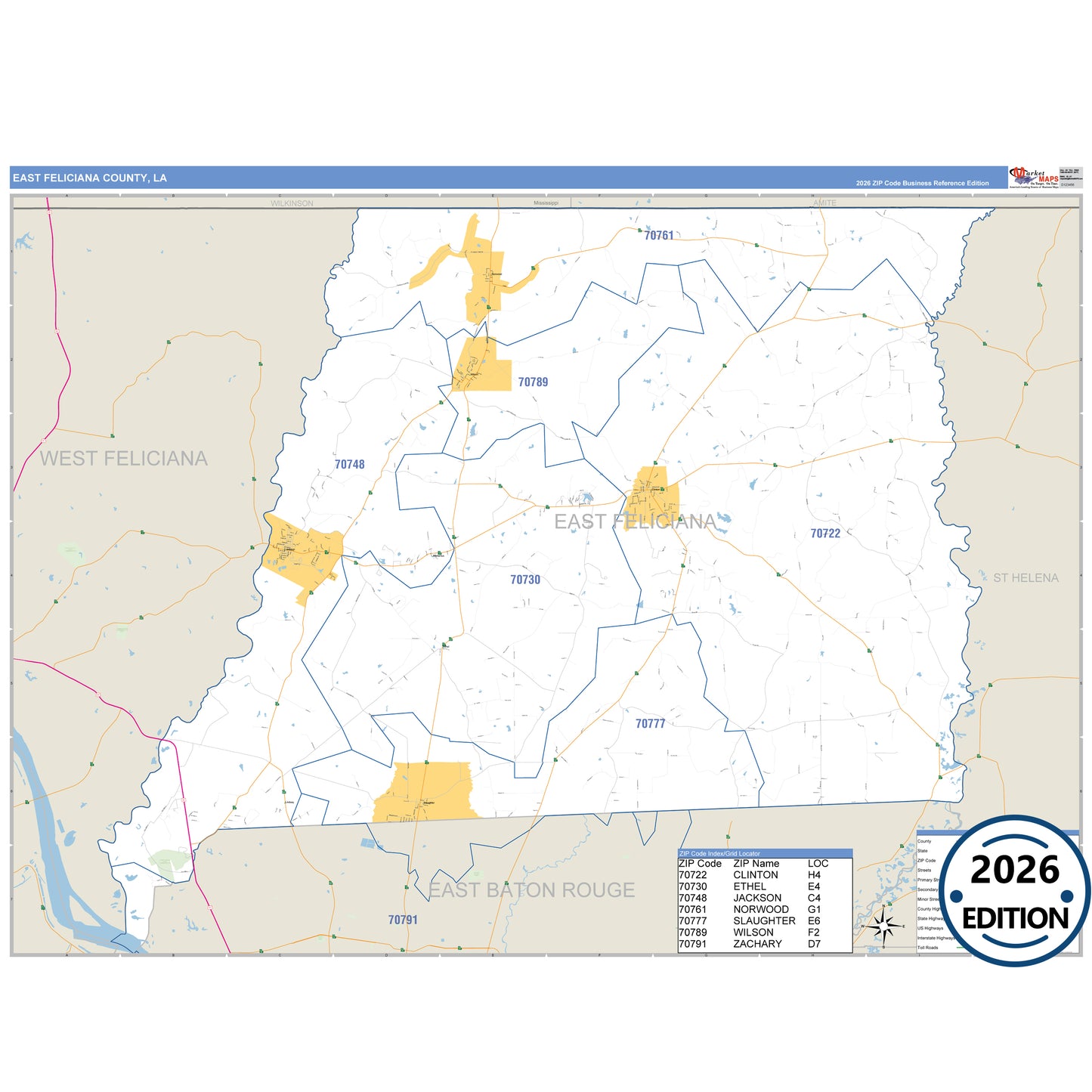 East Feliciana County, LA Business Reference 5 Digit ZIP Code Wall Map