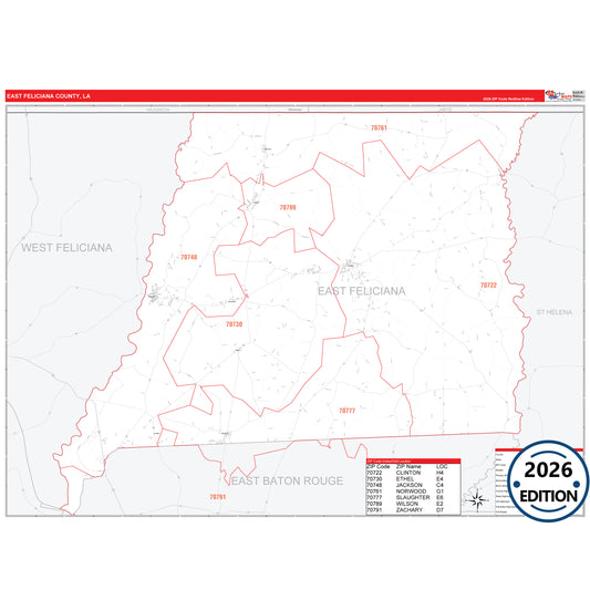 East Feliciana County, LA Red Line 5 Digit ZIP Code Wall Map